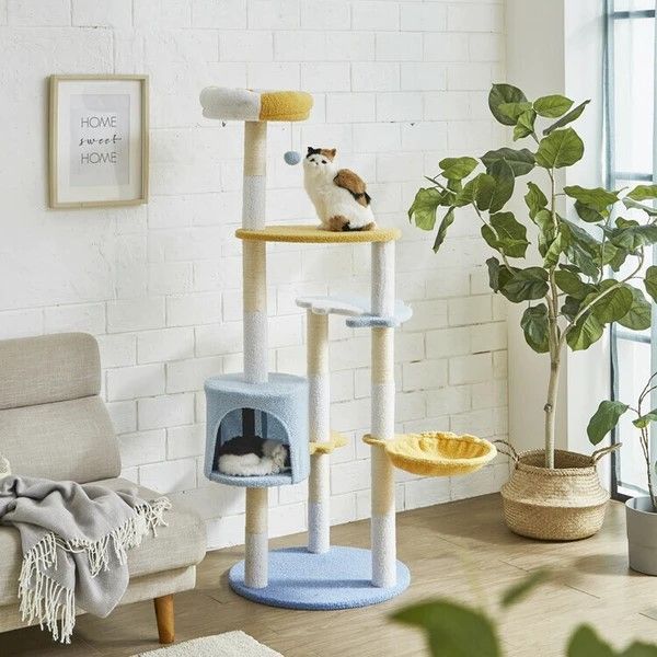 キャットタワー 猫 ねこ ペット おもちゃ アクア パステルブルー ボア生地 CAT-TW-AQUA 後藤家具物産