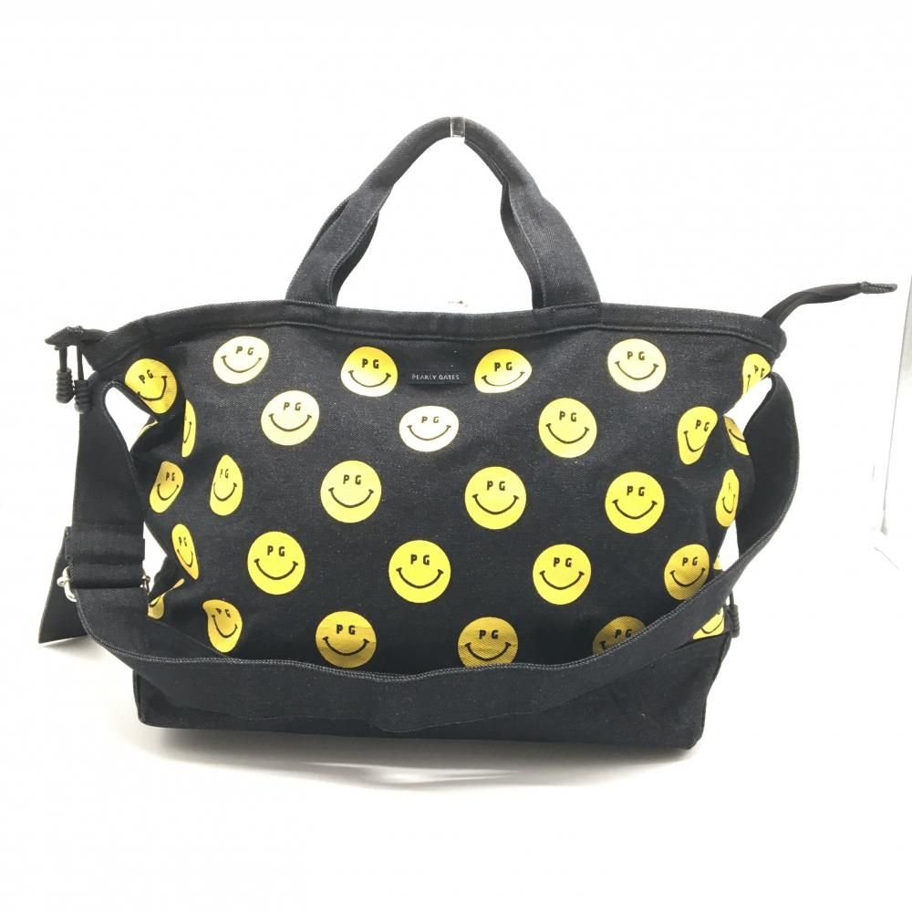 パーリーゲイツ 2WAYビッグトートバッグ 黒×イエロー ニコちゃん総柄 デニム スマイルゴルフ PEARLY GATES