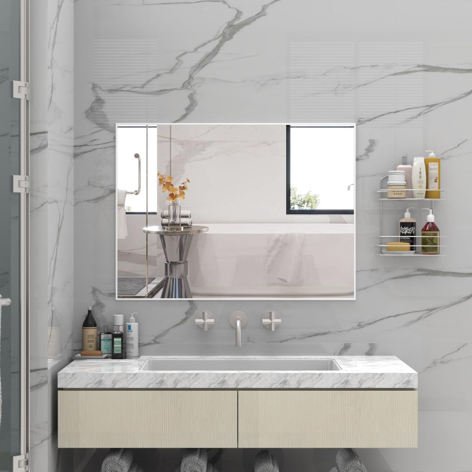 大型モダンウォールミラー 76 CM x 56 CM長方形の壁掛けミラー 寝室のバスルームに水平または垂直に吊るす ホワイト