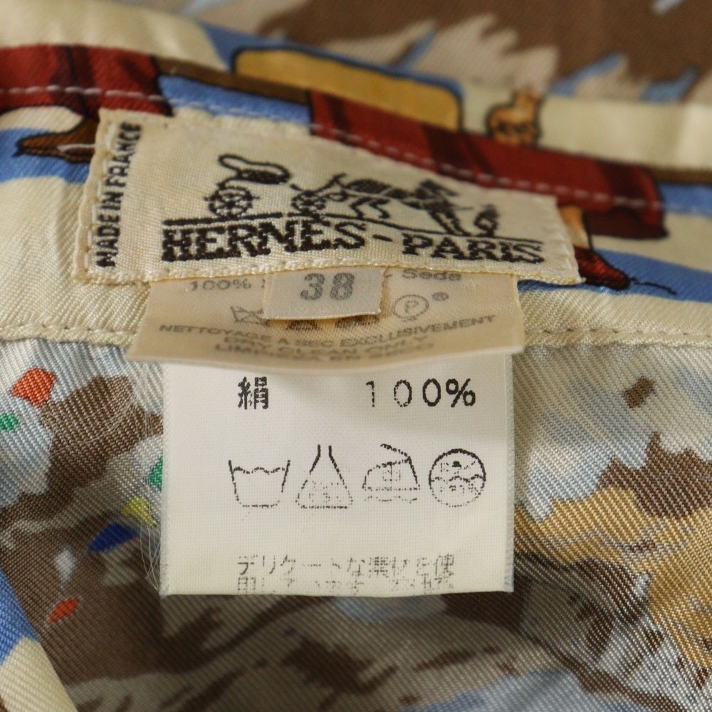 あたたみのある HERMES エルメス PRIERES AU VENT 風の中の祈り シルクスカーフ 総柄プリント 長袖シャツ マルチ ベージュ ブルー レディース 全品25%OFF!