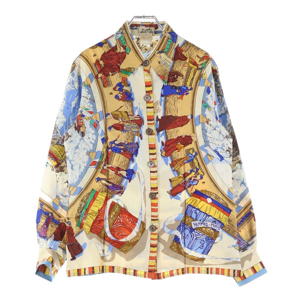 HERMES エルメス PRIERES AU VENT 風の中の祈り シルクスカーフ 総柄プリント 長袖シャツ マルチ ベージュ ブルー レディース
