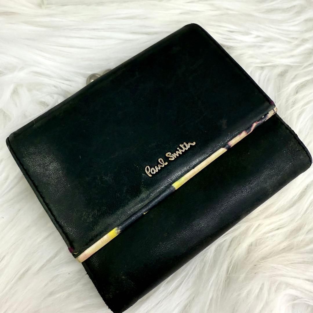 Paul Smith ポールスミス がま口レザー三つ折り財布 花柄ウォレット 黒