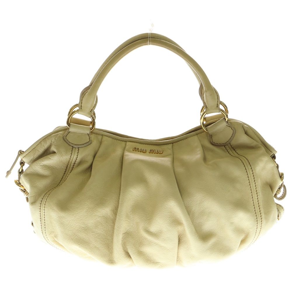 miumiu ミュウミュウ ロゴプレート タックデザイン レザー ハンドバッグ ゴールド金具 ベージュ