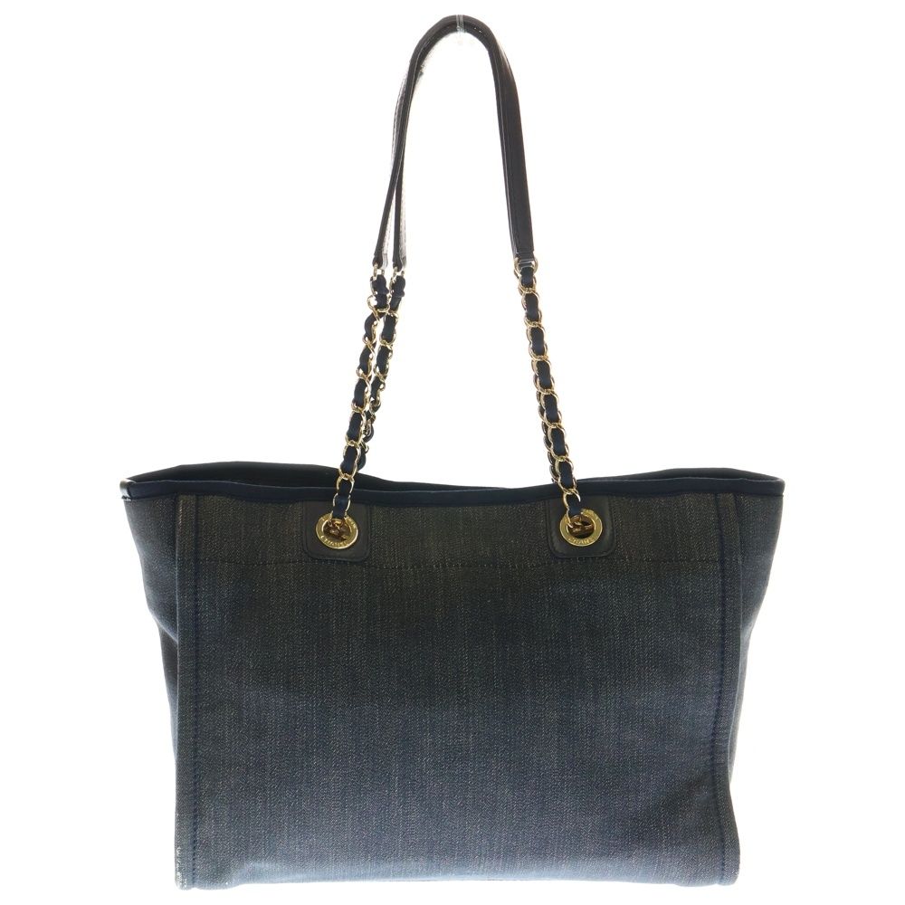 CHANEL シャネル ドーヴィルGM ココマーク ロゴ キャンバス レザー チェーン ハンド ショルダー トートバッグ ゴールド金具 グレー ネイビー 18番台