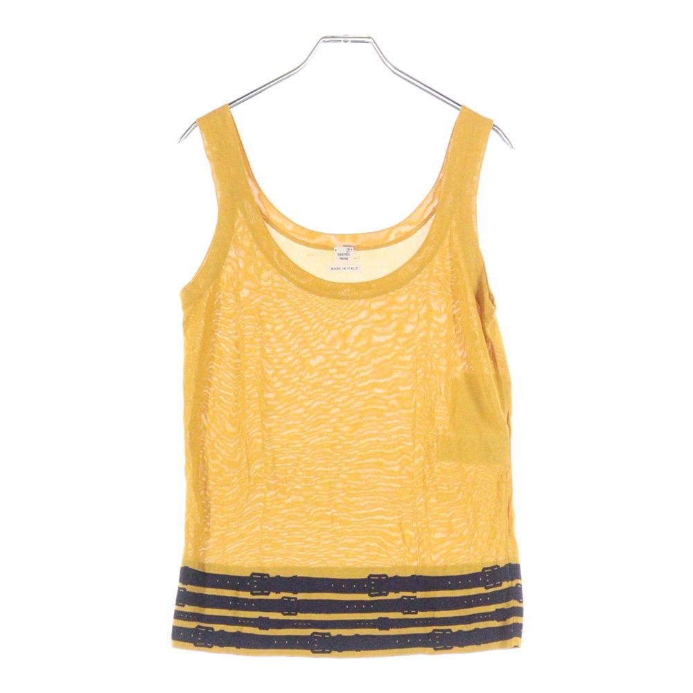HERMES エルメス ベルトデザイン ビスコース レーヨンニット ノースリーブ タンクトップ カットソー トップス イエロー ネイビー レディース