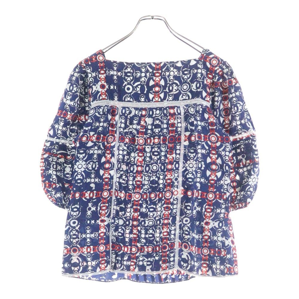 CHANEL シャネル 07AW ココマーク総柄プリント スクエアネック レース切り替え パフ ハーフスリーブ プルオーバーブラウス トップス ブルー レッド レディース P319832V22160