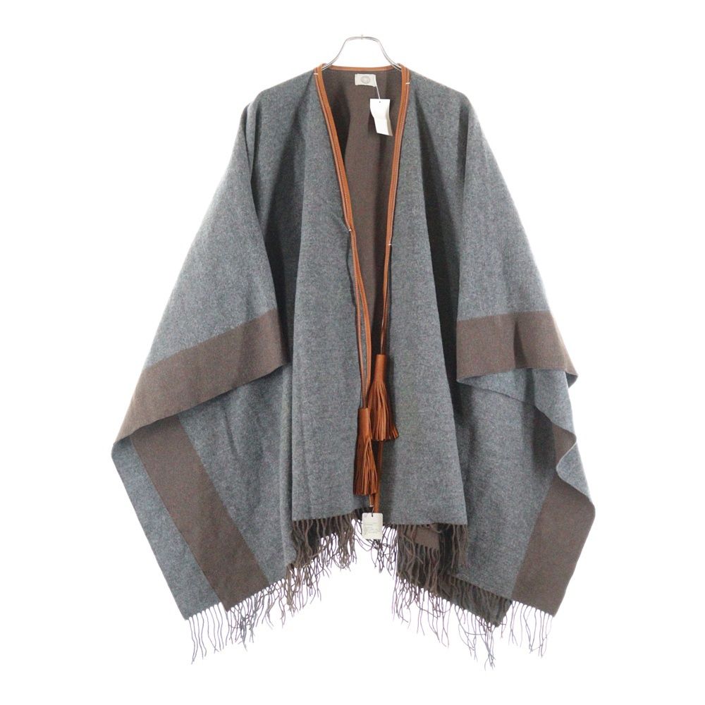HERMES エルメス ロカバール カシミヤ混 ウール レザータッセル フリンジ ポンチョ ブラウン グレー