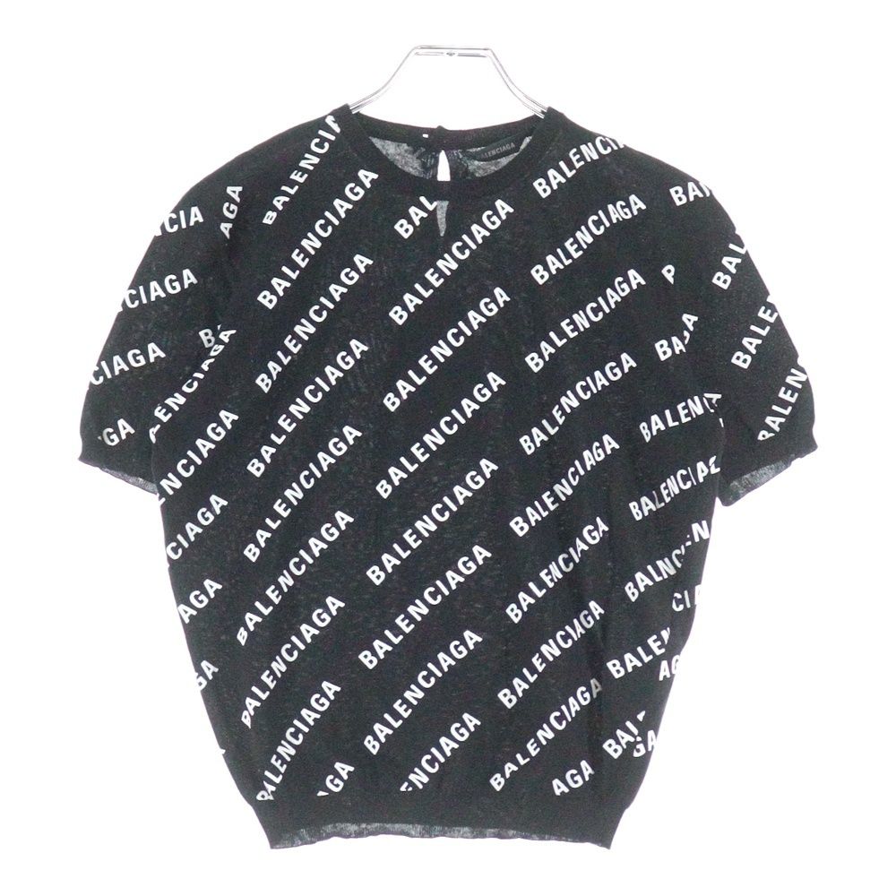 BALENCIAGA バレンシアガ Mini Allover Logo Sweater ミニ オールオーバーロゴプリント クルーネック プルオーバー 半袖ニット セーター ブラック レディース 695449