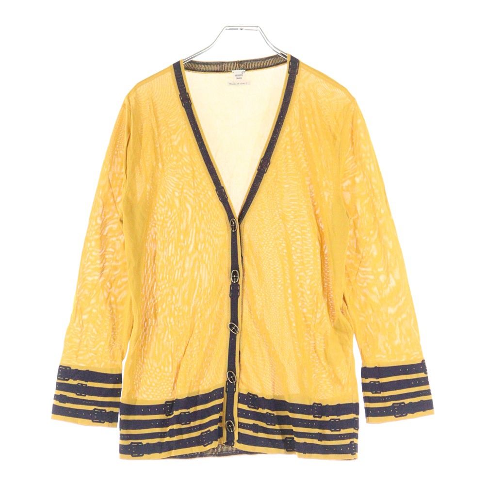 HERMES エルメス シェーヌダンクル バックルボタン バイ レーヨンニット カーディガン イエロー ネイビー レディース