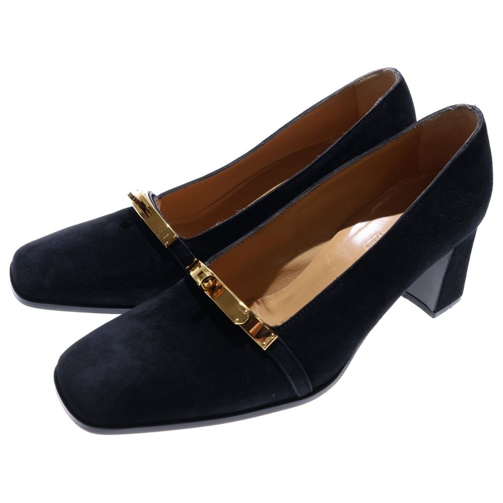 HERMES エルメス ケリー スクエアトゥ スエードレザー ヒール パンプス シューズ ゴールド金具 ブラック レディース