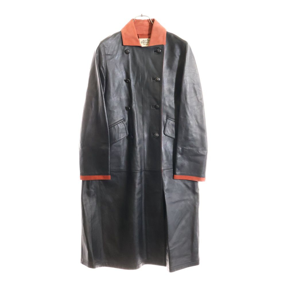 HERMES エルメス 馬車ボタン ラムスキン スエードレザー 切り替え ダブルブレスト ロング コート ブラック レッド レディース