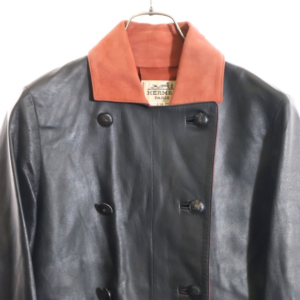  HERMES エルメス 馬車ボタン ラムスキン スエードレザー 切り替え ダブルブレスト ロング コート ブラック レッド レディース 長袖 シャツ ブラウス