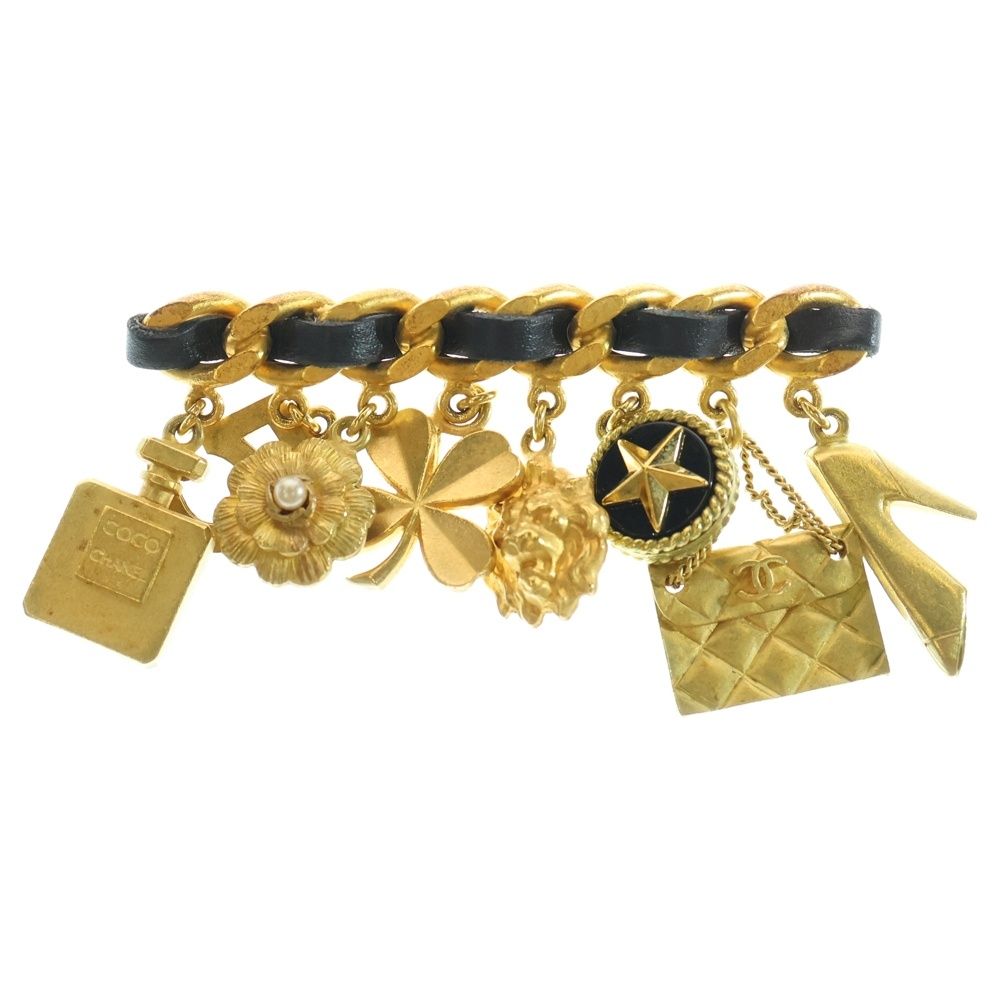 CHANEL シャネル ココマーク マトラッセ フレグランス クローバー ヒールアイコン 8連チャーム付ブローチ ゴールド GP 94P
