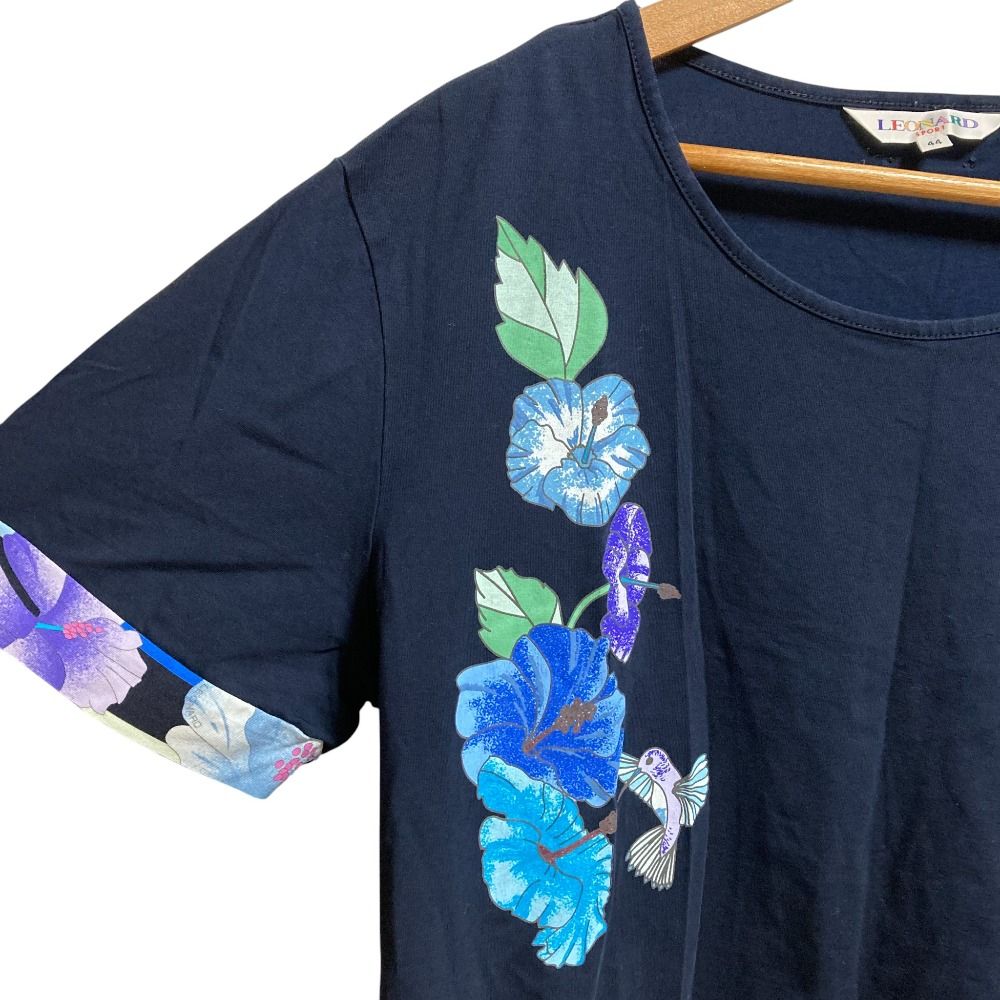 LEONARD SPORT レオナール スポーツ フラワープリント ショートスリーブ カットソー サイズ44 ネイビー レディース 古着