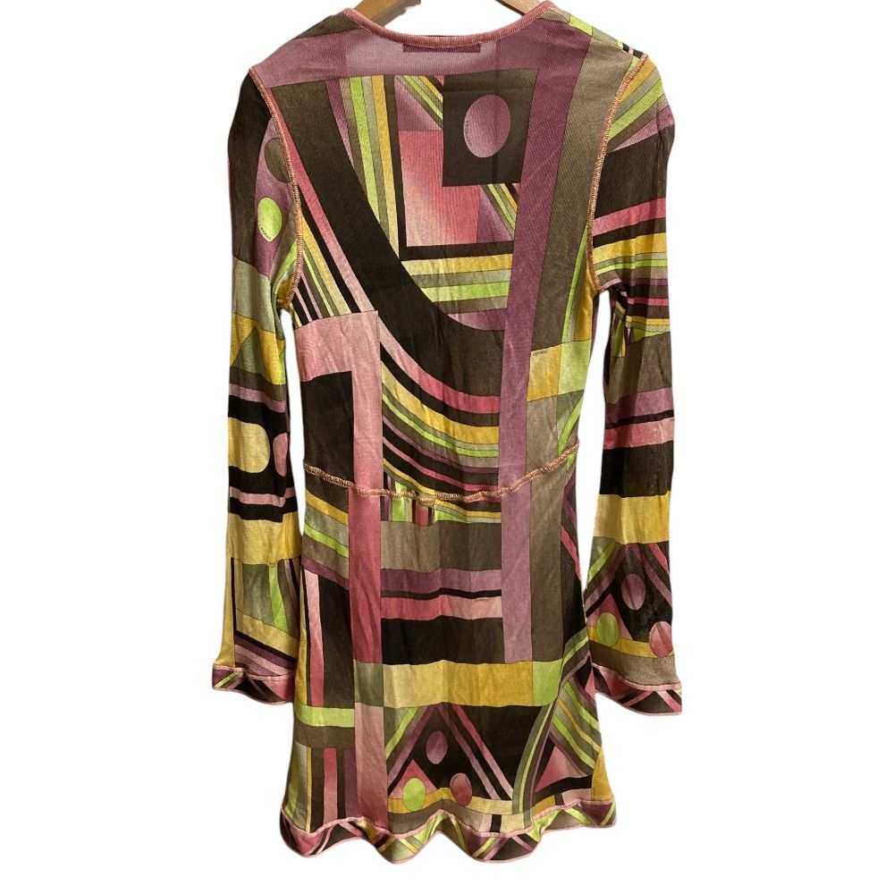 LEONARD レオナール シルクレーヨン ジオメトリック柄 フ スリーブ ニットワンピース サイズL ピンク イエロー レディース 古着