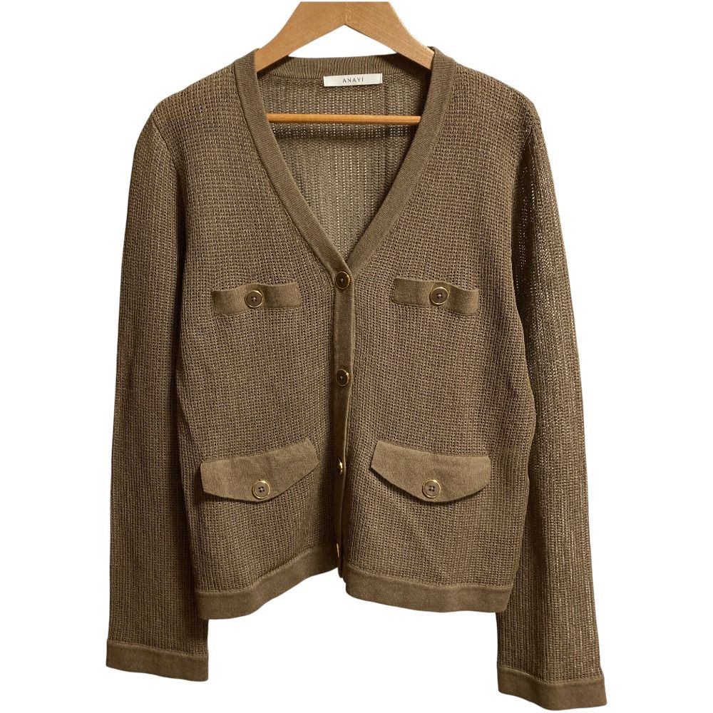 24SS ANAYI アナイ ペーパーヤーンアイレット カーディガン 102428-16-040 サイズ38 ブラウン レディース 古着