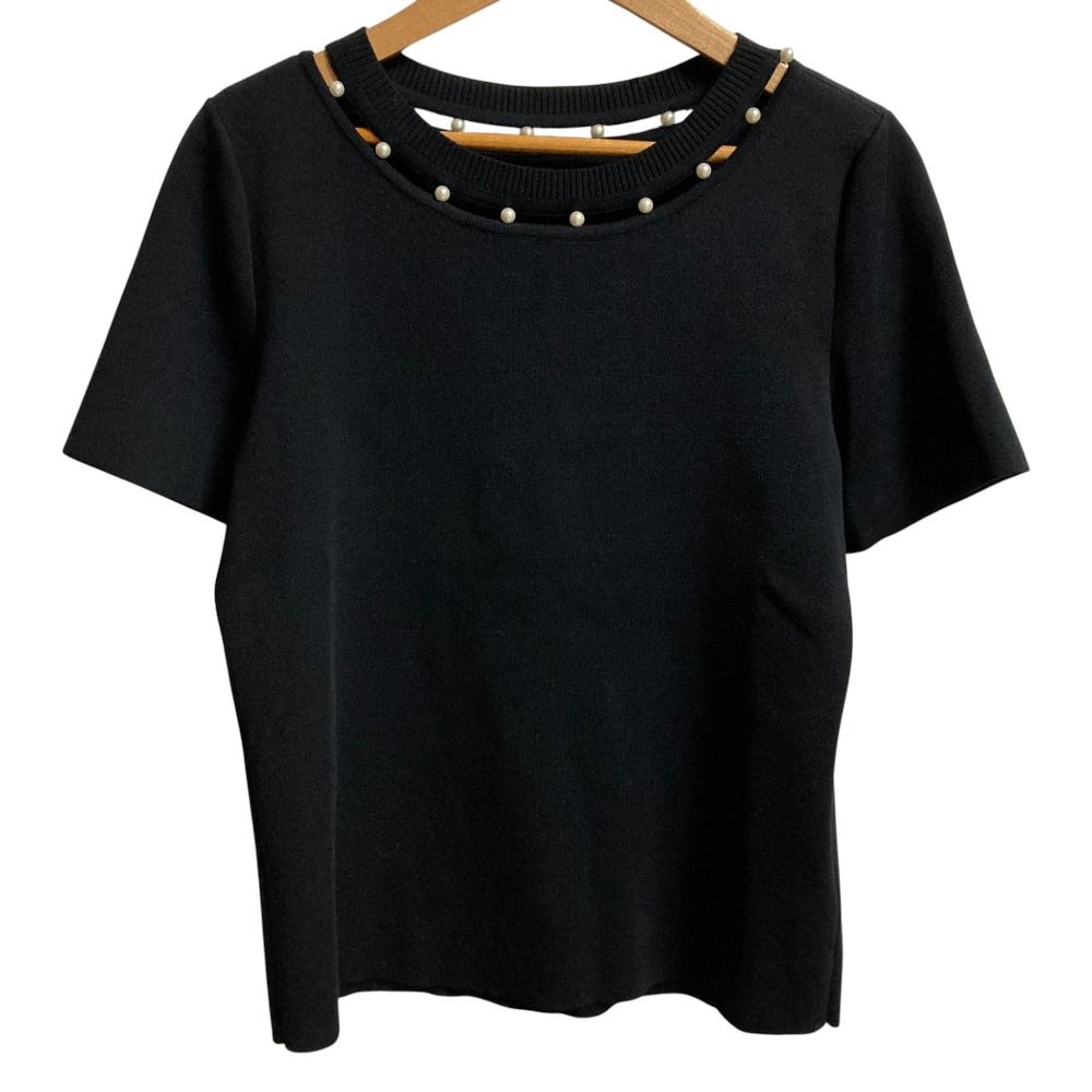 FOXEY フォクシー パールネック ショートスリーブ ニット カットソー 36982 サイズ40 ブラック レディース 古着