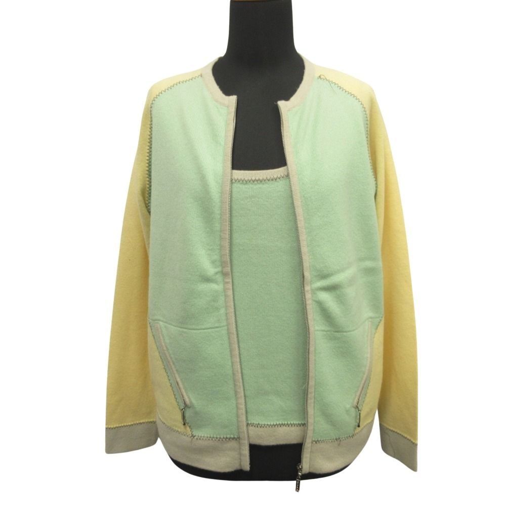 ERIC BOMPARD エリックボンパール カシミヤ アンサンブル ニット セーター ジャケット タンクトップ L グリーン イエロー レディース 古着
