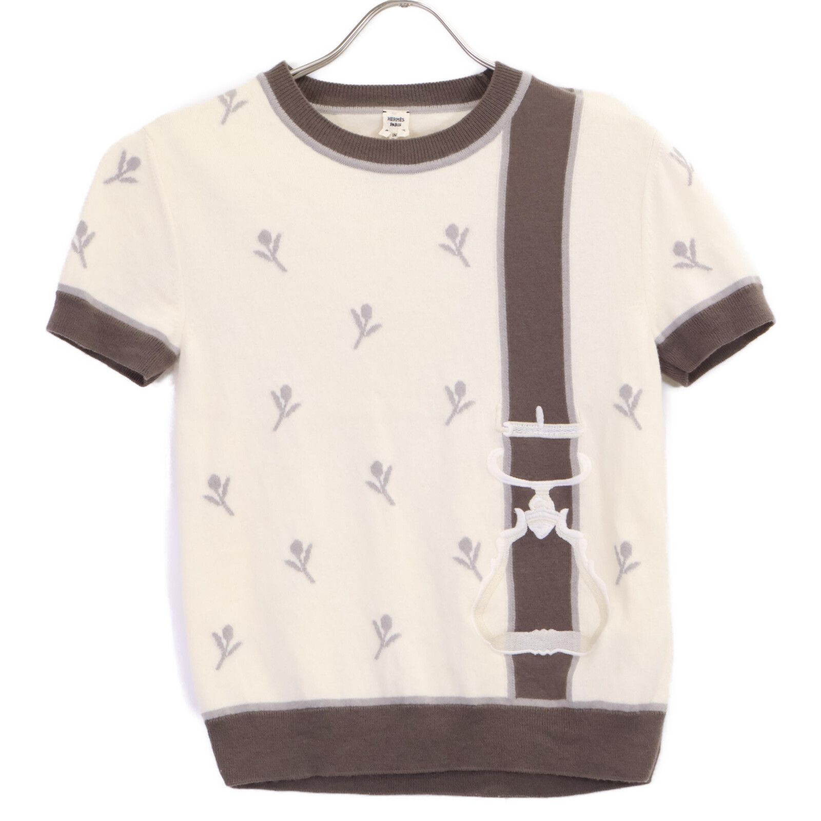 HERMES エルメス 24SS カシミヤ混 鐙刺繍 ショートスリーブニット 36