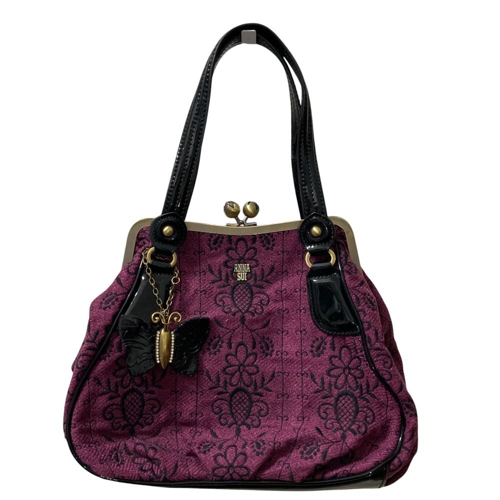 ANNA SUI アナスイ ツイード パテント エンブロイダリー トートバッグ パープル レディース 古着