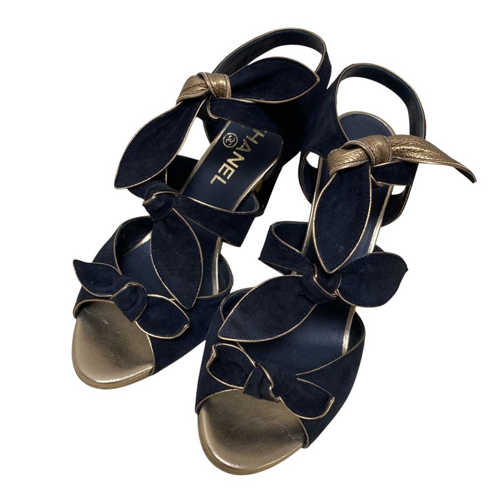 CHANEL シャネル スウェードレザー アンクルストラップ リボンサンダル G 35296 サイズ37 約23.5 cm ブラック レディース 古着