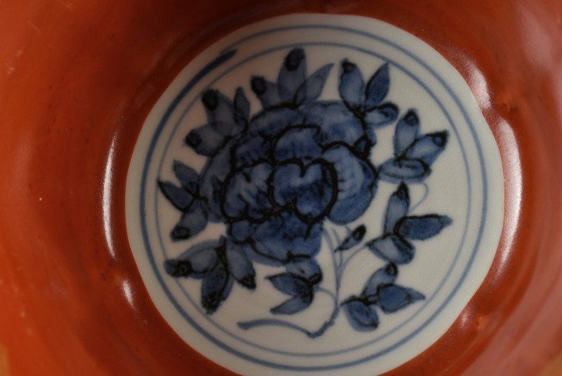 大福】祥山 (造) 魯山人写 染付牡丹金彩赤絵鉢 5客揃 祥山 (造) 魯山人