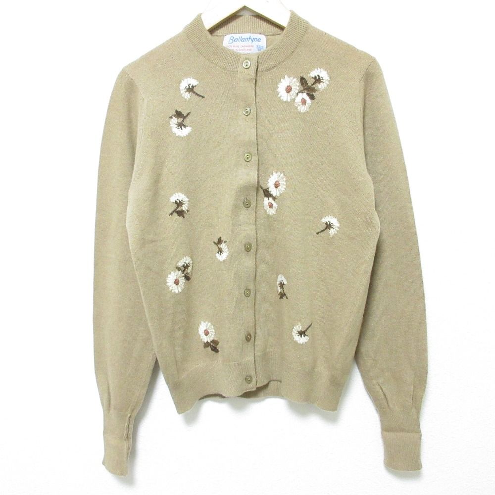 Ballantyne バランタイン スコットランド製 フラワー刺繍 カシミヤ100% ニットカーディガン サイズ36 92cm ベージュ レディース 古着