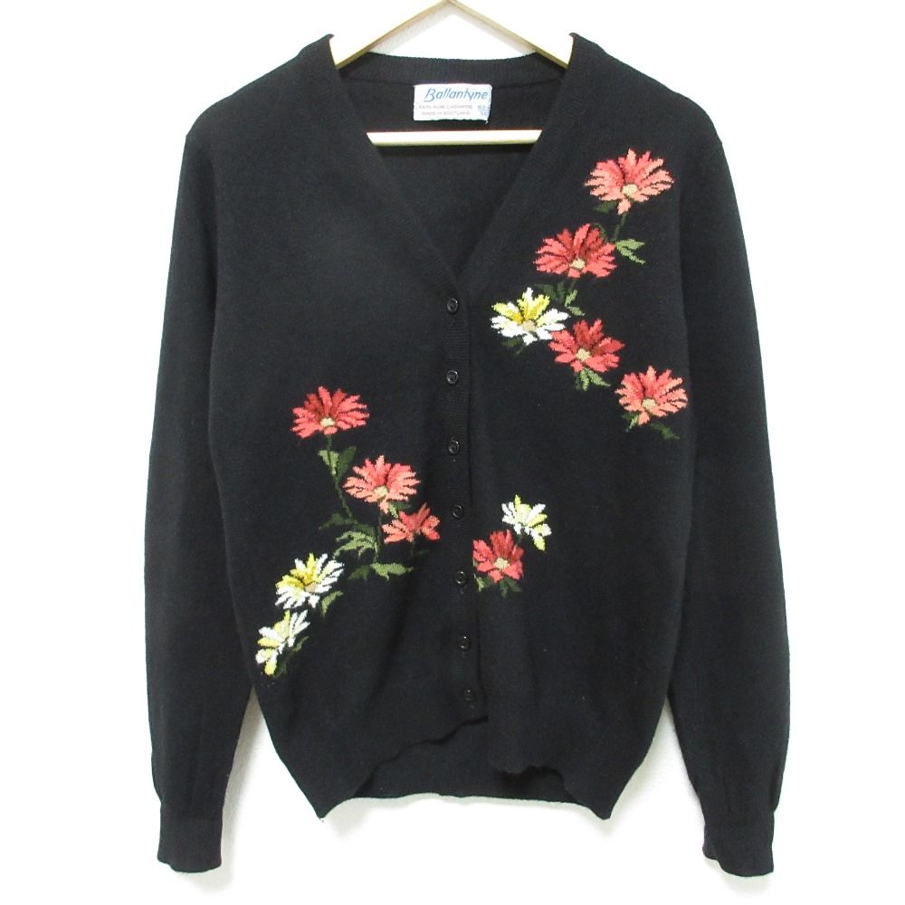 Ballantyne バランタイン スコットランド製 フラワー刺繍 カシミヤ100％ ニットカーディガン サイズ36 92cm ブラック レディース 古着