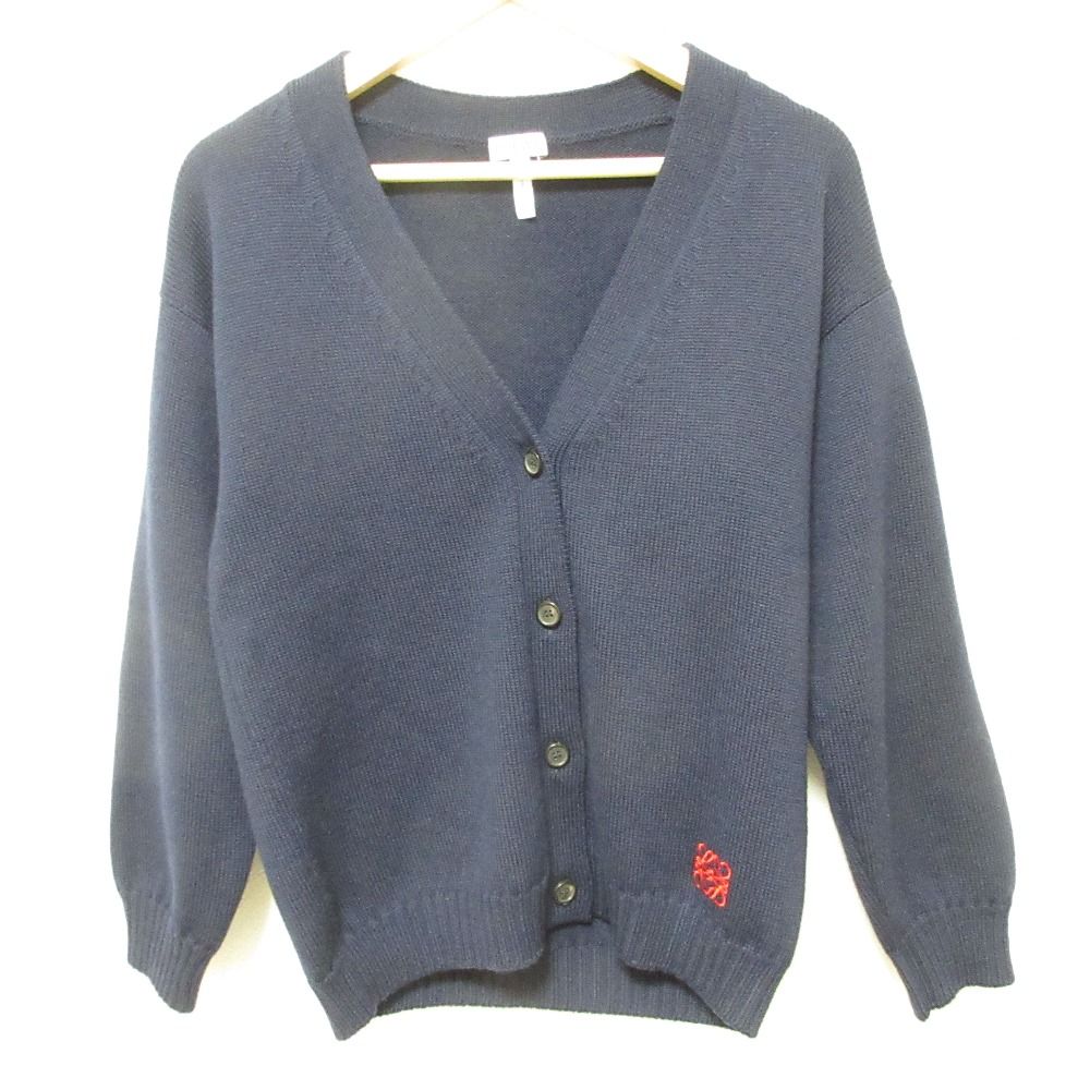 LOEWE ロエベ アナグラム刺繍 Vネックカーディガン サイズS ネイビー レディース 古着