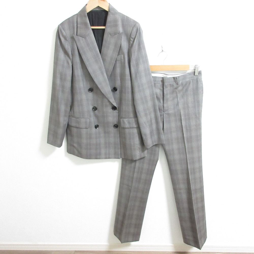 AP STUDIO エーピーストゥディオ Tollegno チェックジャケット パンツ スーツ セットアップ サイズ38 グレー レディース 古着