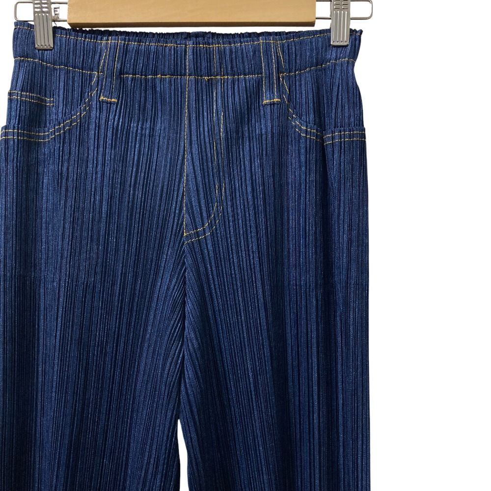 PLEATS PLEASE プリーツプリーズ イッセイミヤケ デニムプリントパンツ サイズ0 ブルー レディース 古着