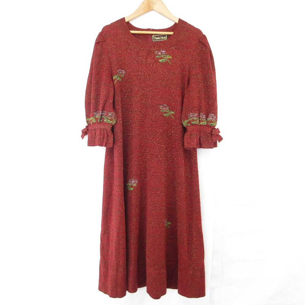 TOYOKO SAITO トヨコサイトウ フラワー刺繍 ラメ ニット ワンピース ワイン レディース 古着