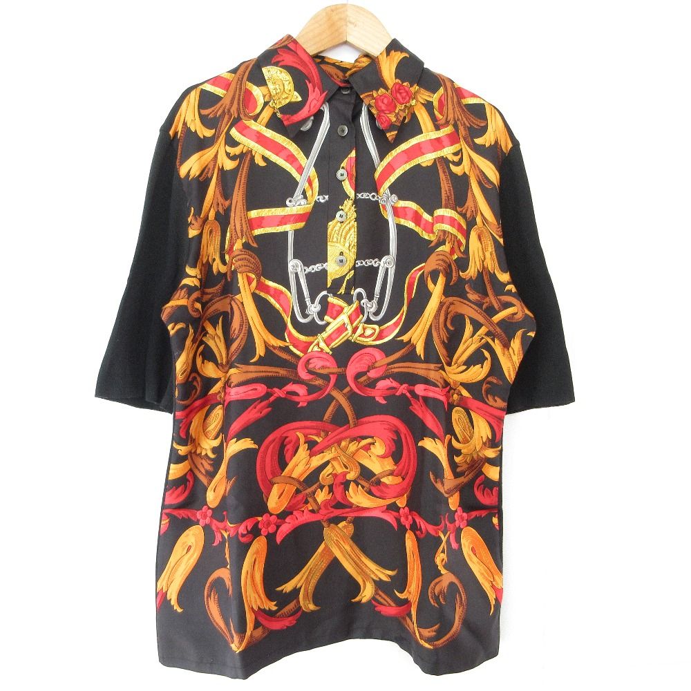 HERMS エルメス ツイルレーヌ シルク ニット 半袖 ポロシャツ ブラウス Mサイズ ブラック レディース 古着