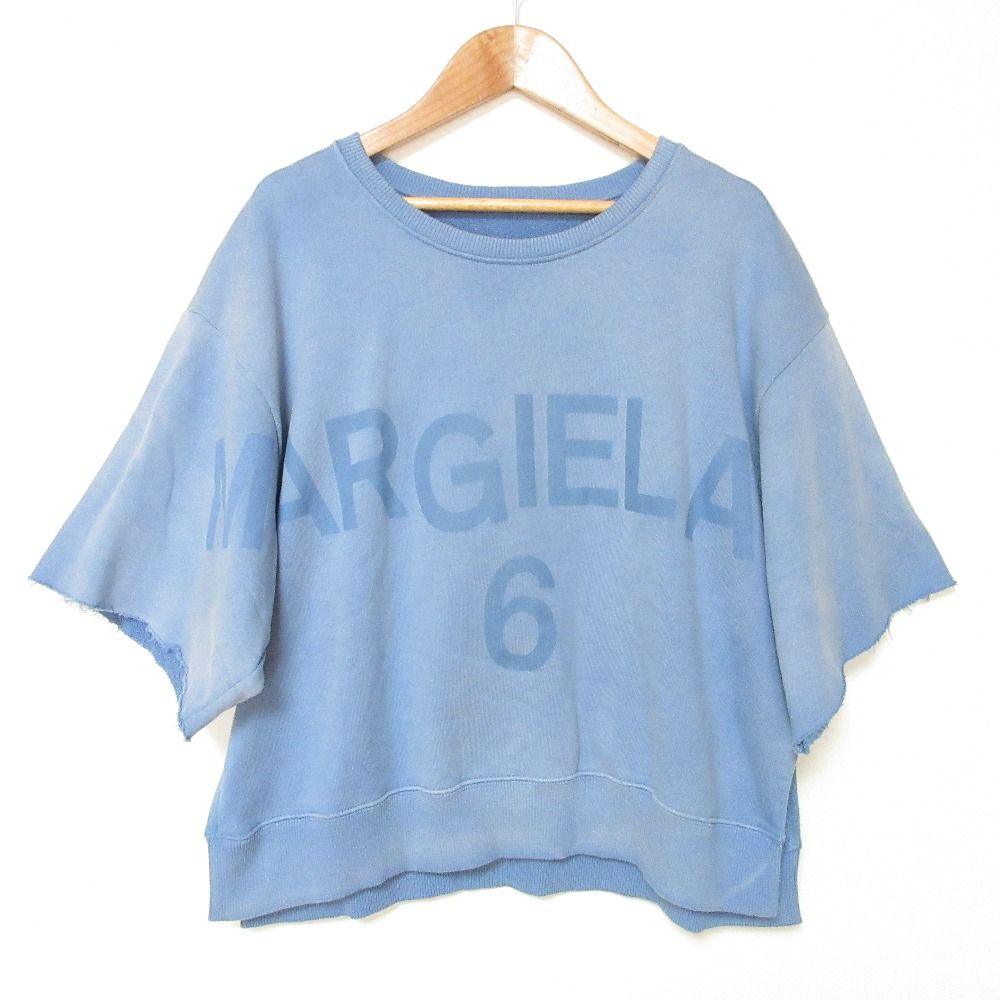 22SS MM6 Maison Margiela メゾンマルジェラ ガーメントダイ ロゴ ショートスリーブ スウェットトレーナー S ブルー レディース 古着