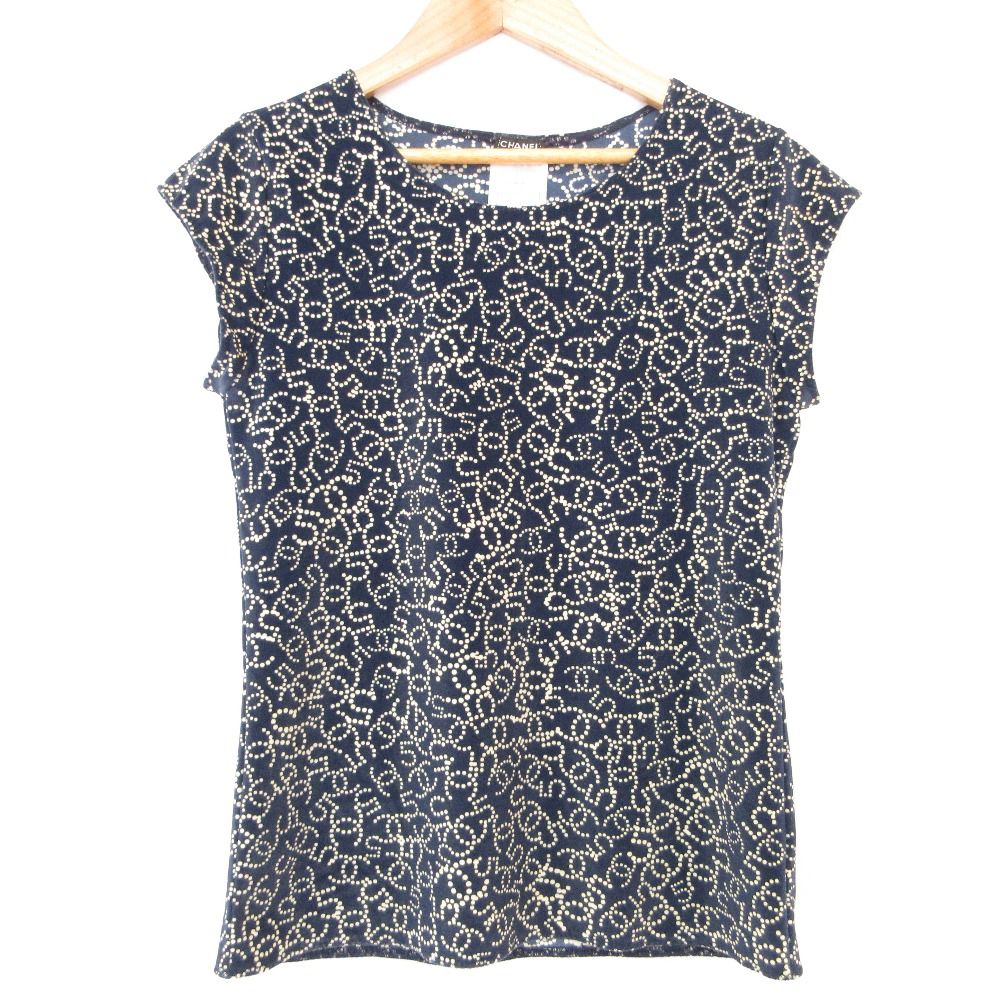 06P CHANEL シャネル ココマーク ベロア 半袖カットソー ブラウス P28279 18300 サイズ42 ネイビー レディース 古着