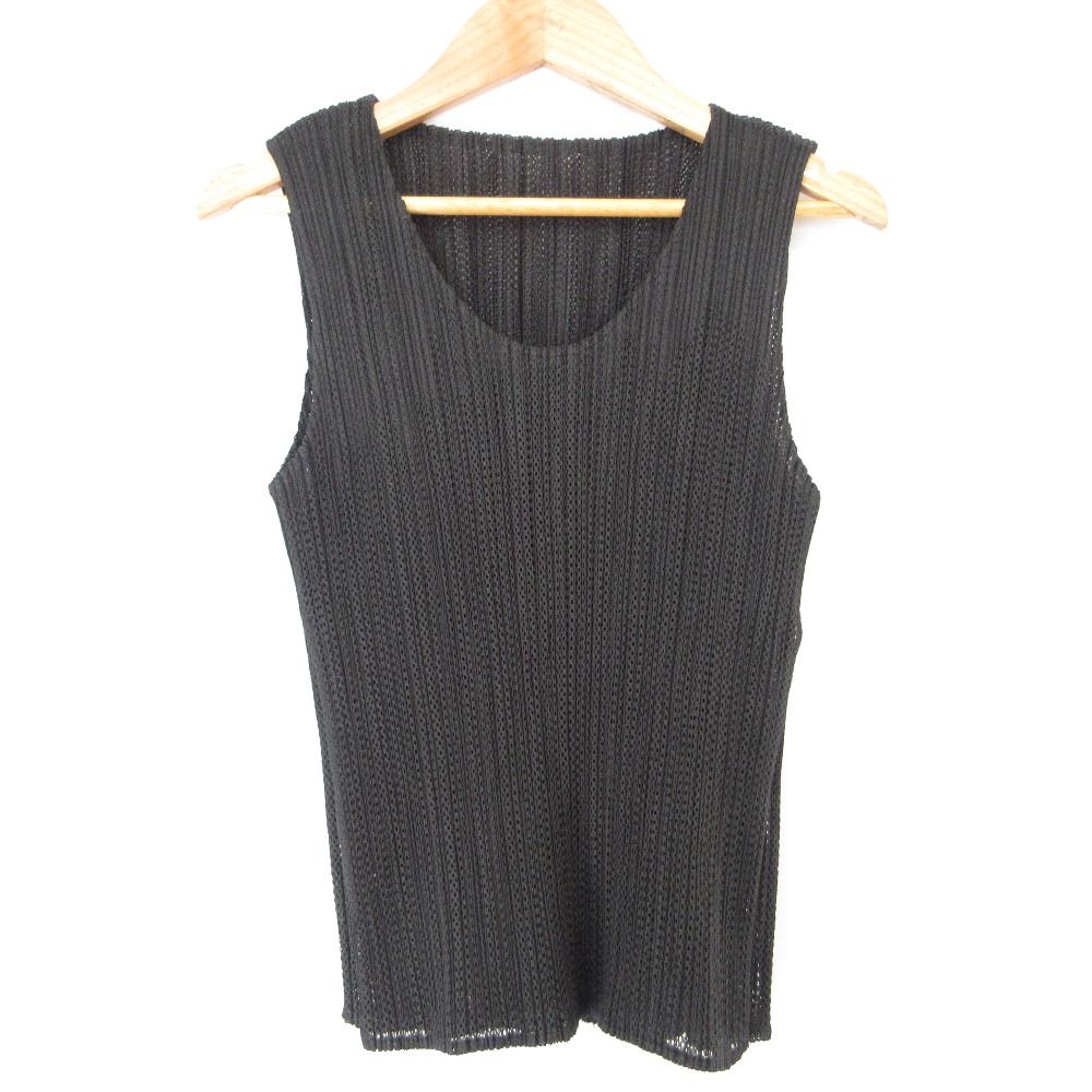 PLEATS PLEASE ISSEY MIYAKE プリーツプリーズ イッセイミヤケ メッシュ ノースリーブ カットソー PP06-JK701 サイズ3 ブラック レディース 古着