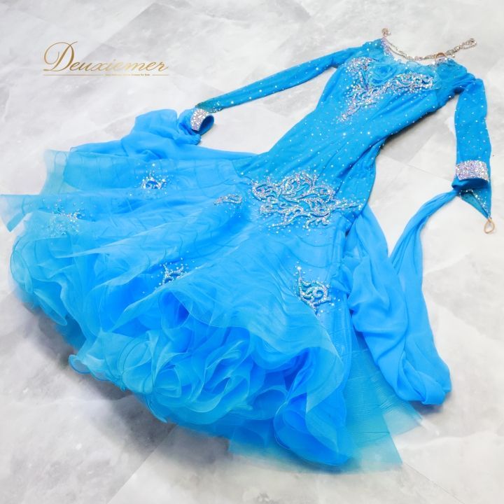 B1639【DANCE チャコット】M☆青/スタンダードドレス☆社交 社交ダンス