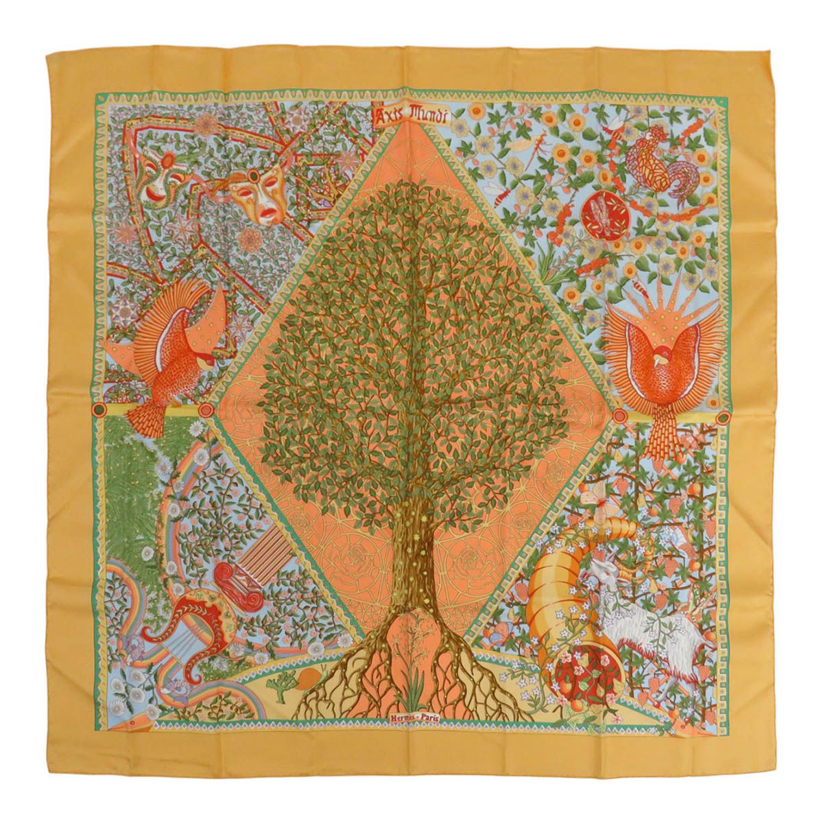 エルメス カレ 90 Axis Mundi 世界中心軸 スカーフ ユニセックス オレンジ系 HERMES アパレル 小物