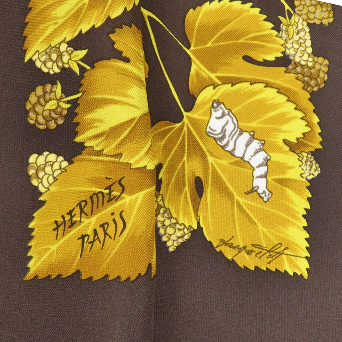 エルメス カレ 90 l’ARBRE de SOiE 絹の木 桑の木と蚕 スカーフ ユニセックス ブラウン イエロー HERMES アパレル 小物