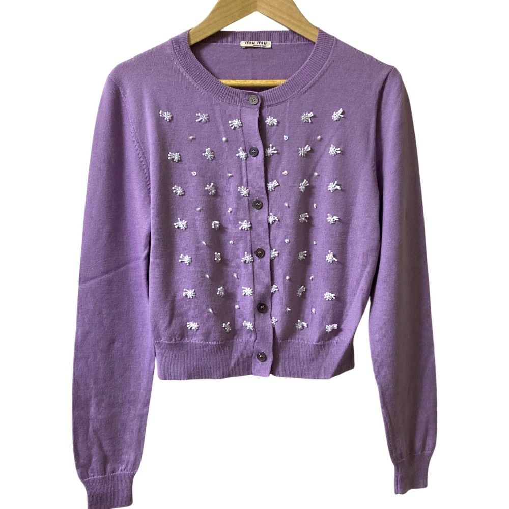 miumiu ミュウミュウ ビーズ装飾 ニットカーディガン サイズ38 パープル レディース 古着