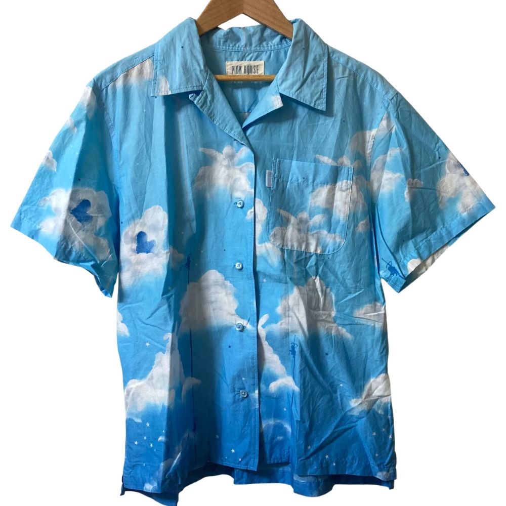 23SS PINK HOUSE ピンクハウス 空プリント ショートスリーブシャツ ブルー レディース 古着