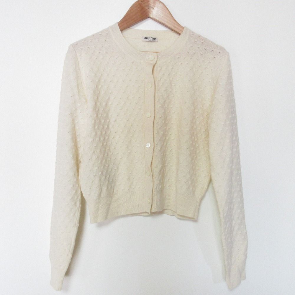miumiu ミュウミュウ カシミア100% クルーネック クロップド ニットカーディガン 38 アイボリー レディース 古着