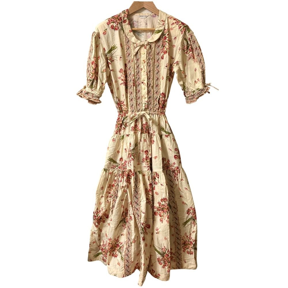 KANEKO ISAO カネコイサオ フラワープリント ピコリボンワンピース ライトベージュ レッド レディース 古着