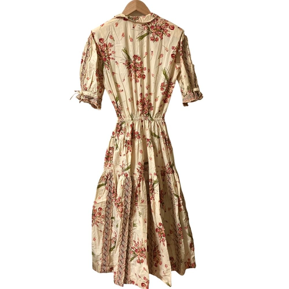 KANEKO ISAO カネコイサオ フラワープリント ピコリボンワンピース ライトベージュ レッド レディース 古着