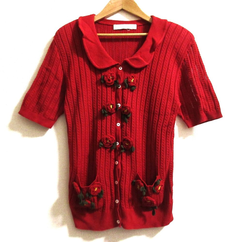 PINK HOUSE ピンクハウス フラワー刺繍 ニットカーディガン レッド レディース 古着