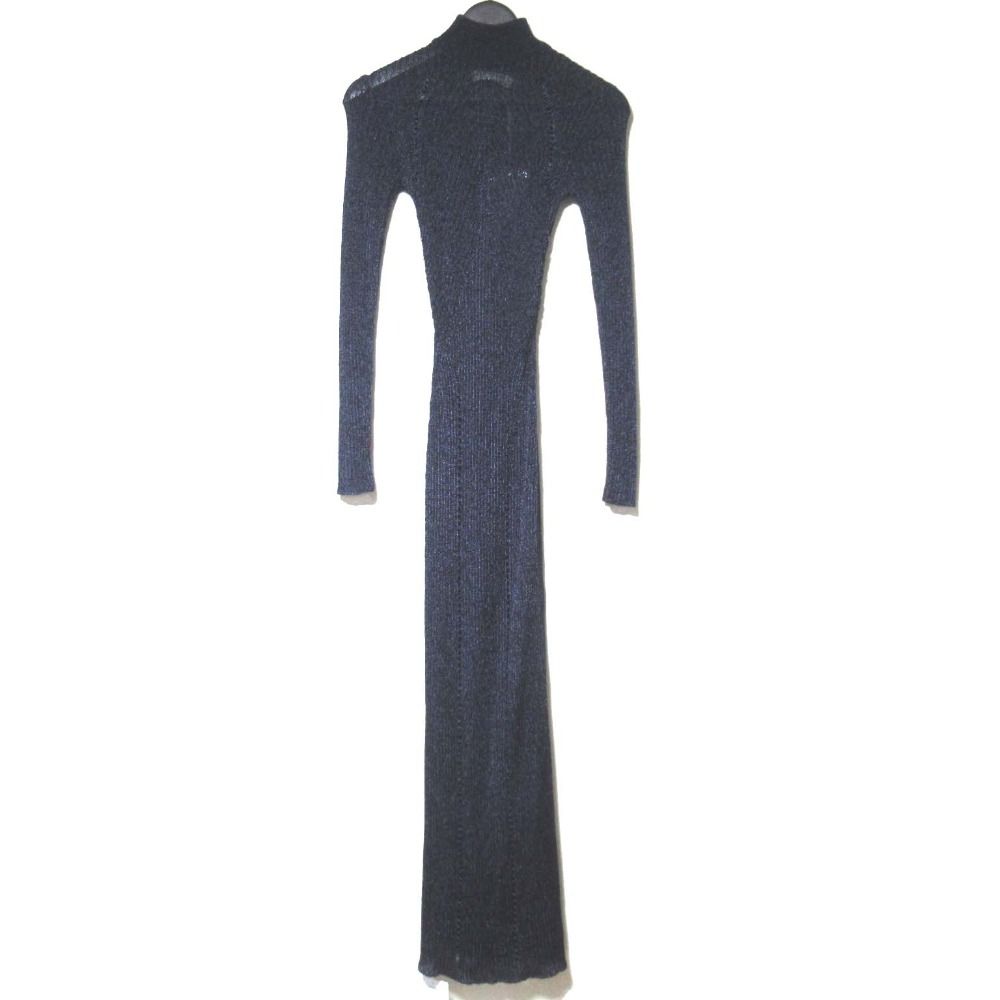 25SS Self-Portrait セルフポートレイト 長袖 ロング丈 マキシ丈 ハイネック ラメ リブニット ワンピース Sサイズ ネイビー レディース 古着