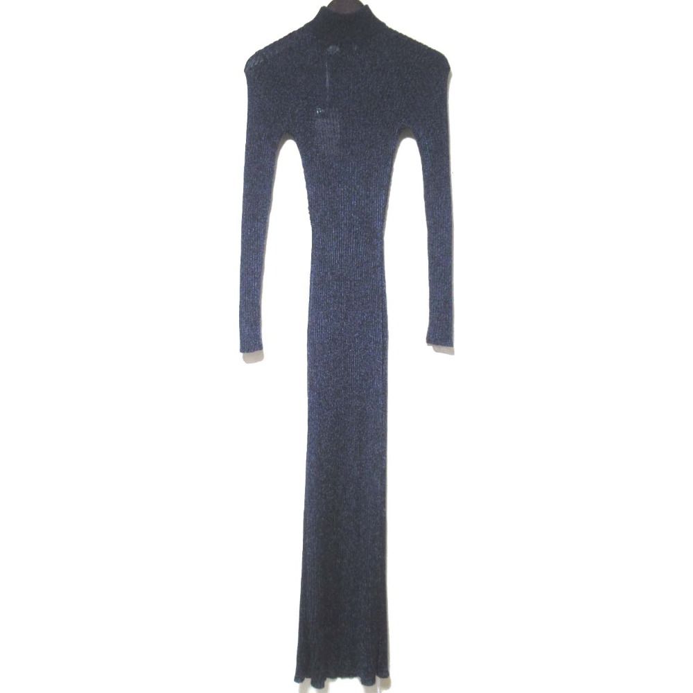 25 SS Self-Portrait セルフポートレイト 長袖 ロング丈 マキシ丈 ハイネック ラメ リブニット ワンピース Sサイズ ネイビー レディース 古着