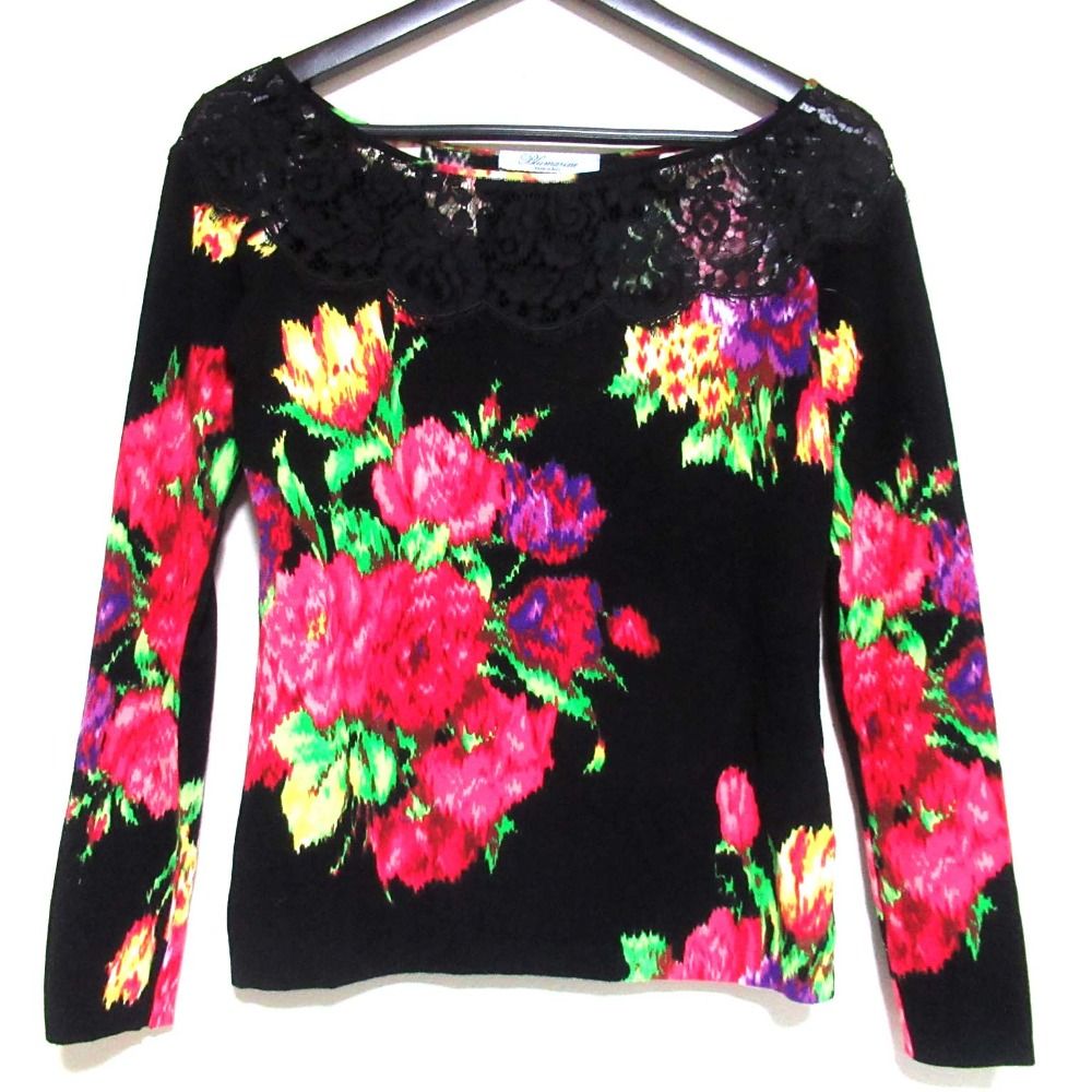 【緊急大幅値下げ！】 Blumarine ブルマリン フラワープリント レース 長袖 ニット カットソー サイズI40 ブラック レディース 古着 スタイリッシュである