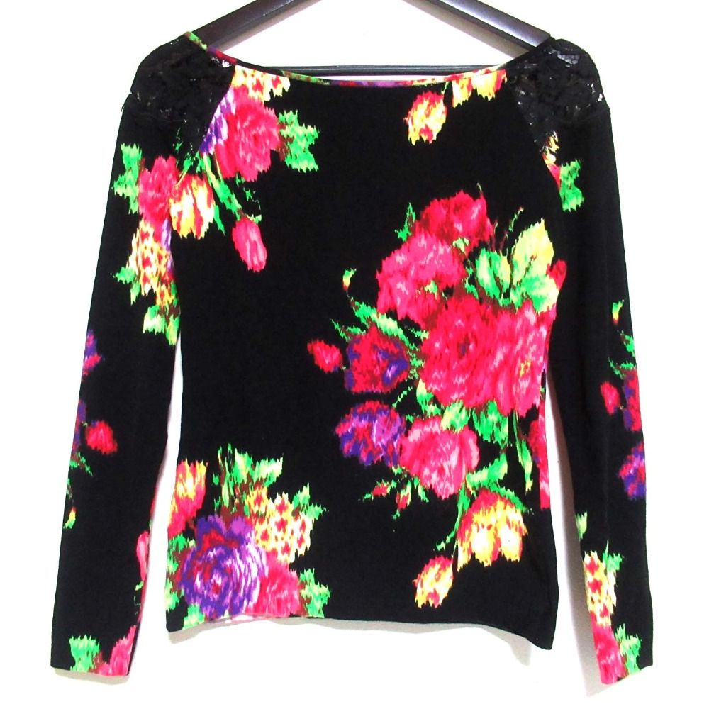 Blumarine ブルマリン フラワープリント レース 長袖 ニット カットソー サイズI40 ブラック レディース 古着
