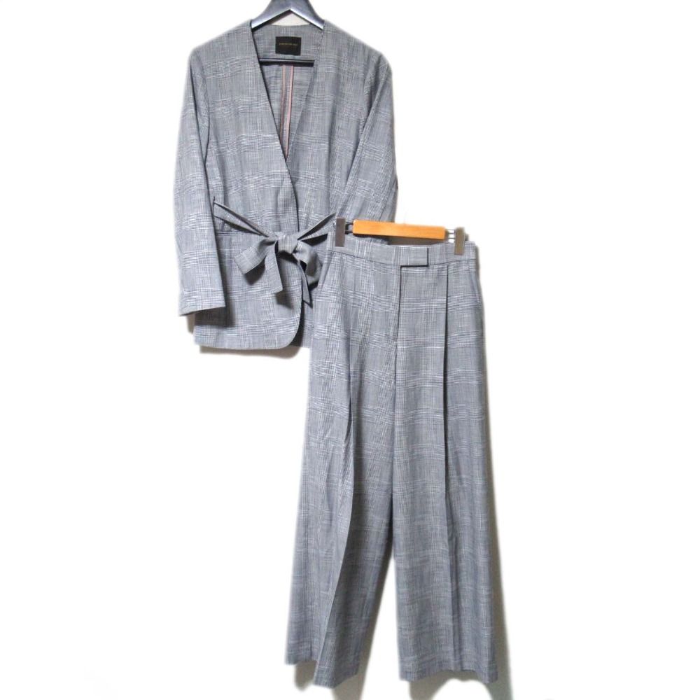 24 SS トゥモローランド グレンチェック柄 ベルテッドジャケット スラックス パンツ セットアップ 34 レディース 古着